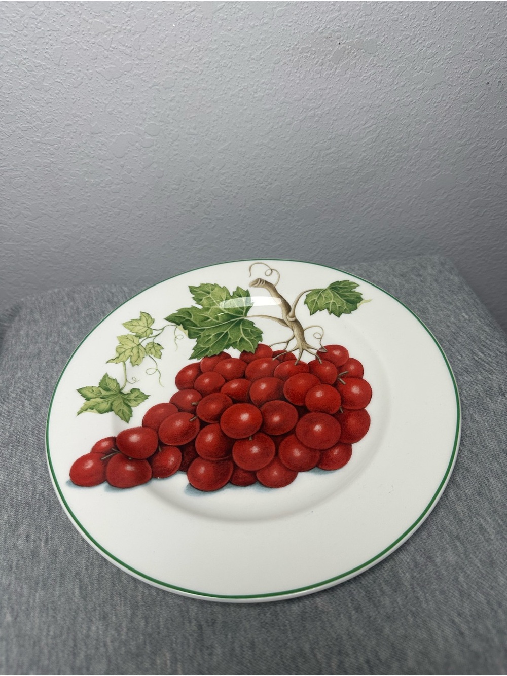 American Atelier Red Grape Ceramic Plate with Green Trim